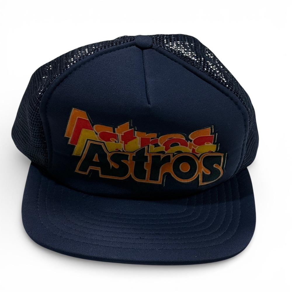 Vintage Houston Astros Trucker Hat Navy Blue Rainbow‎ Logo Snapback MLB Cap